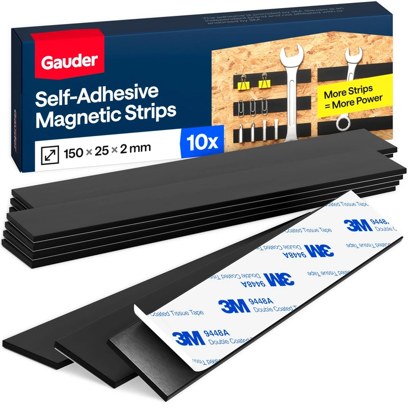 GAUDER Adhesive Magnetic Strips - Strong Magnetic Tape for Attaching Metal Items - Pre-Cut Self-Adhesive Magnet Strips (10 Pieces - 15 cm x 25 mm x 2 mm)