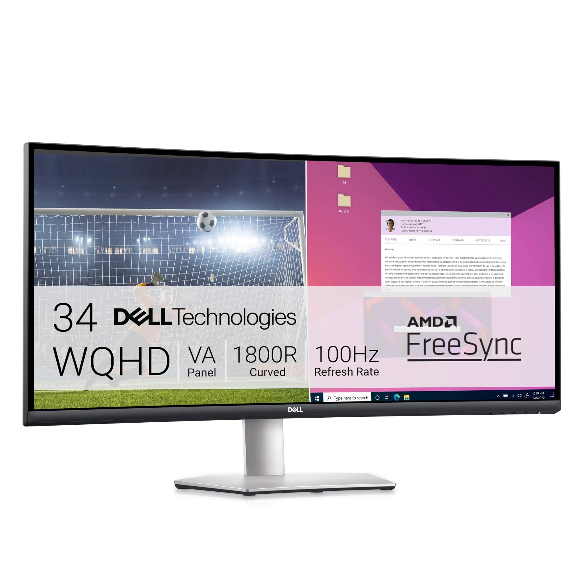 Dell S3423DWC USB-C 34 Inch WQHD (3440x1440) 21:9 1800R Curved Monitor, 100Hz, VA, 4ms, AMD FreeSync, 99% sRGB, Built-in Speakers, USB-C, 2x HDMI, 3x USB, 3 Year Warranty