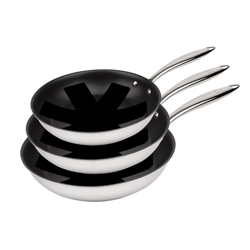 MasterPRO Argent 3 | 3 Non-Stick Frying Pans 20, 24 and 28 cm | Triple Layer Stainless Steel and Forged Aluminium | with Ergonomic Handle | Stainless Steel Frying Pan | for All Types of Kitchens