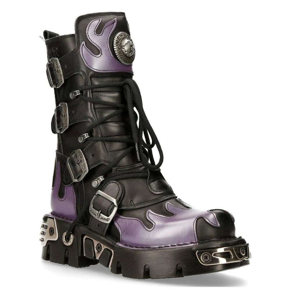 New Rock 591-S5 Boots Purple Flame Metallic Black Leather Goth Punk Biker Fashion 6