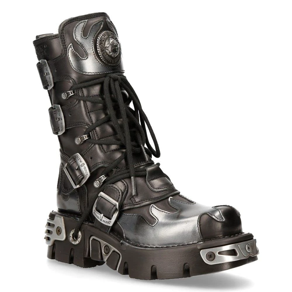 New Rock 591-S2 Boots Black Flame Metallic Black Leather Goth Punk Biker Fashion 3