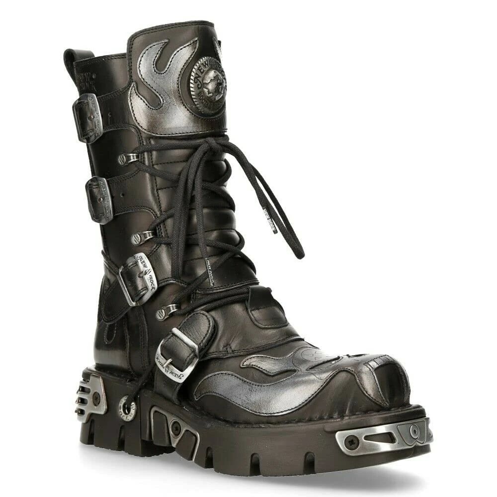 New Rock Unisex 107-S2 Silver Metallic Skull Devil Goth Punk Leather Calf Boots 3