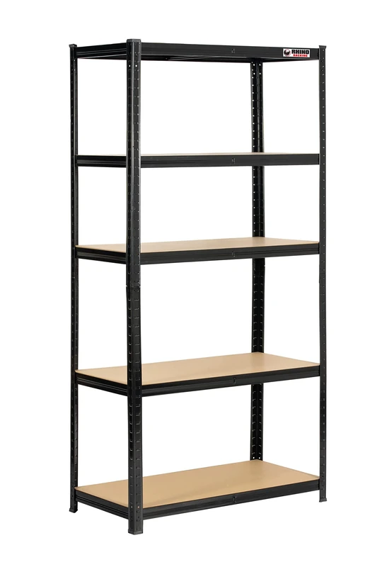 Rhino Racking – 5 Tier Heavy Duty Garage Shelving Units – 200kg Load Weight Per Shelf- 1000kg Per Unit – Black Storage Shelves – 180x90x45cm Adjustable Racks – Shed Shelving