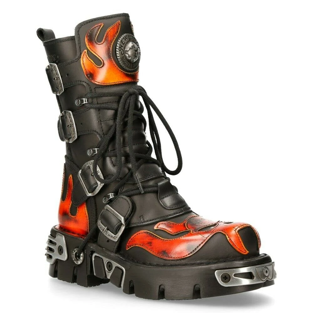 New Rock Unisex 107-S1 Black Red Metallic Skull Devil Goth Punk Leather Calf Boots 7