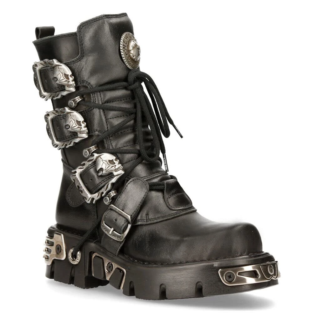 New Rock M.391-S1 Unisex Black Metallic Reactor Skull Devil Goth Punk Leather Calf Boots 4