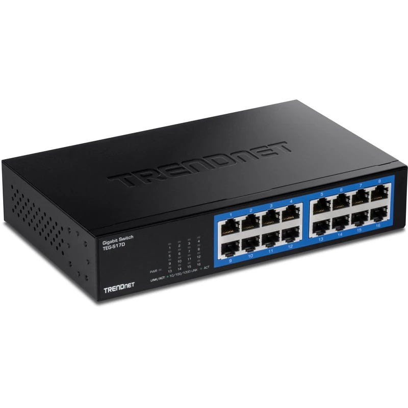 TRENDnet 16-Port Gigabit Desktop Switch, TEG-S17D, 16 x Gigabit RJ-45 Ports, 32Gbps Switching Capacity, Fanless Design, Metal Enclosure, Internal Power Supply, Black