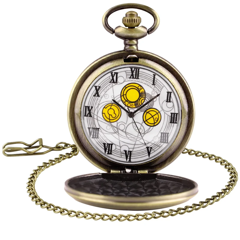 Tiong Pocket Watch with Bronze Case Quartz Full Hunter White Dial and Chain Mens Retro Necklace Pendant