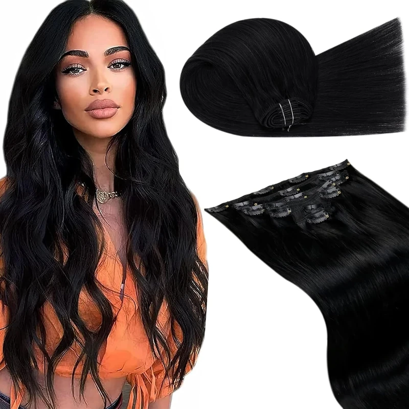 LaaVoo Black Hair Extensions Clip in 24 Inch Clip in Hair Extensions Real Human Hair Natural Black 140g 7pcs Full Head Remy Straight Hair Double Weft #1