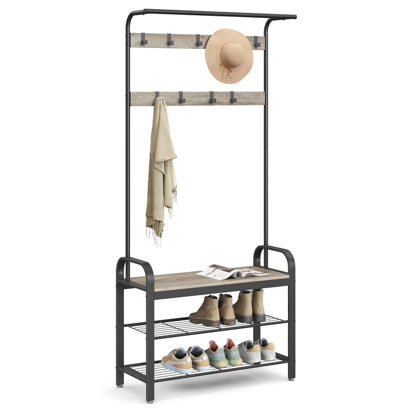 VASAGLE Coat Rack, Coat Stand with Shoe Storage Bench, 4-in-1 Design, with 9 Removable Hooks, a Clothes Rail, for Hallway, Entrance, 33.7 x 84 x 183 cm, Industrial, Greige and Black HSR400B02