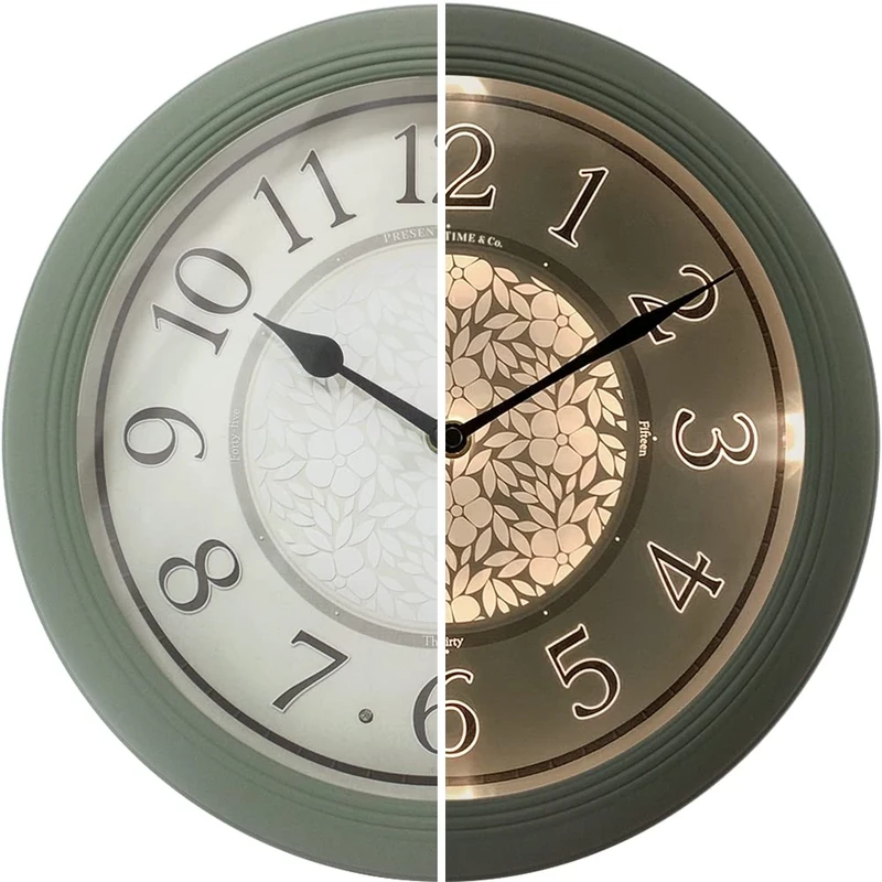 PRESENTIME & Co. 12.6" Illuminated Farmhouse Wall Clock, Silent Battery Operated Night Light Wall Clock with Smart LED Sensor for Living Room, Bathroom, Kitchen, Home Office, Sage Green