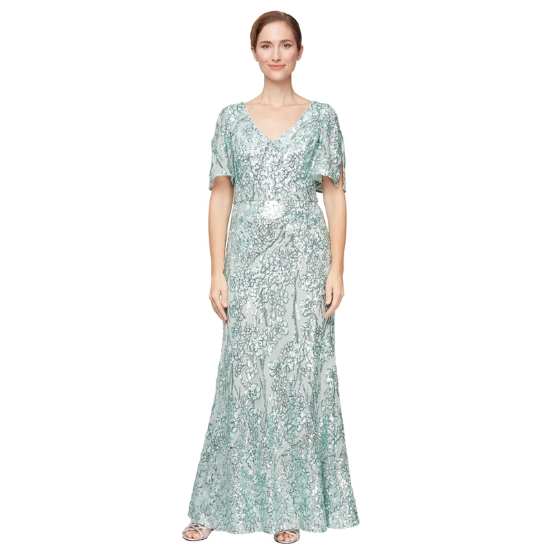 Alex Evenings Women's Sequin Stretch Lace Cold Shoulder Gown, Ice Sage, 22