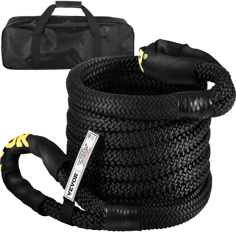 VEVOR 7/8" x 31.5' Kinetic Recovery Rope, 29,300 lbs, Heavy Duty Nylon Double Braided Kinetic Energy Rope with Loops and Protective Sleeves, for Truck Off-Road, Carry Bag Included, Black