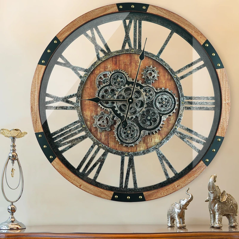 TOPPTIK 27 Inch Moving Gear Wall Clock, Oversized Wall Clocks, Clock Living Room Decor, Solid Wood Frame, Battery Operated, Large Wall Clock with Steampunk Industrial for Fireplace(Brown)