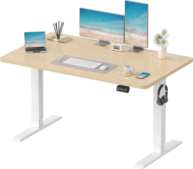 Devoko Electric Standing Desk 120x60cm Sit Stand Table Height Adjustable Desk with Backpack Hook and Memory Smart Pannel, Home Office with Splice Board, Beige