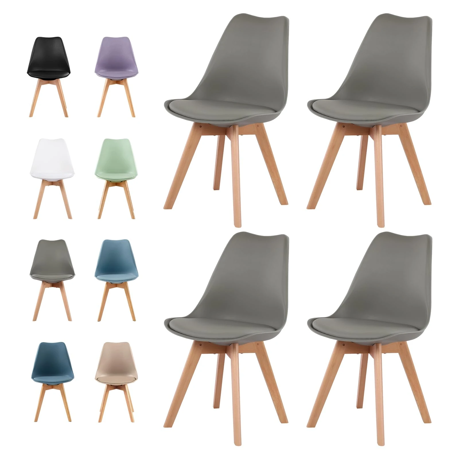 buybyroom Modern Dining Chairs Set of 4 with Wooden Legs and Soft Cushion for Living Room, Garden, Kitchen, Bedroom, Outdoor and Office, Grey