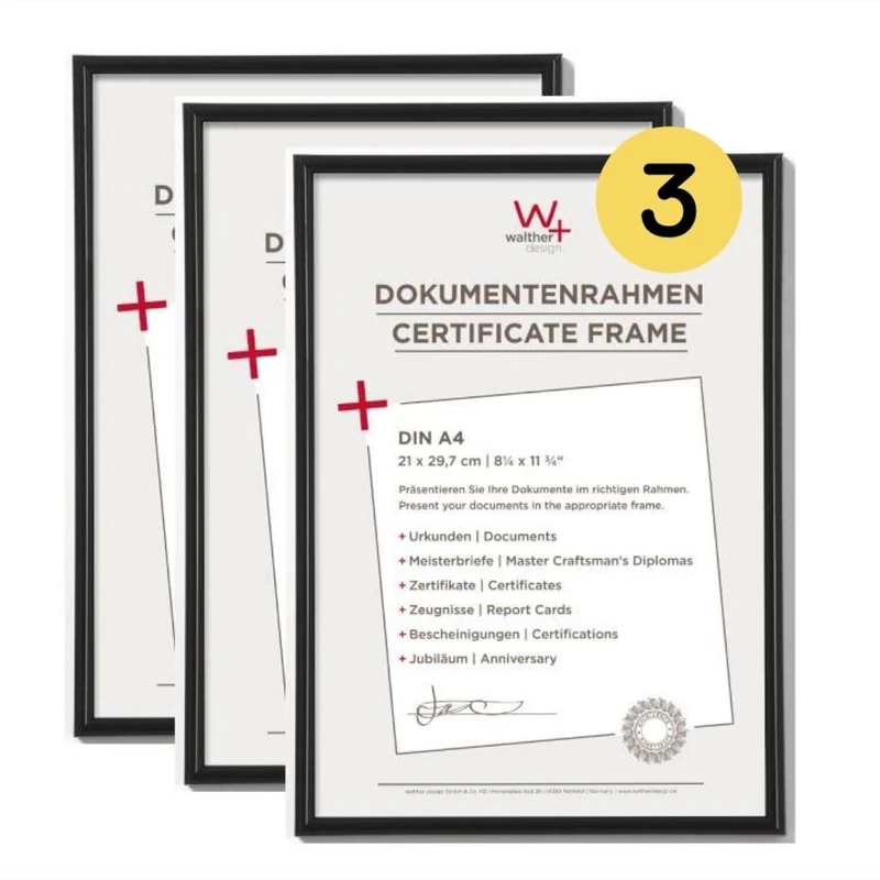 walther Design Picture Frame Black 21 x 29,7 cm (DIN A4) 3-Pack, Galeria Plastic Frame KB130H3