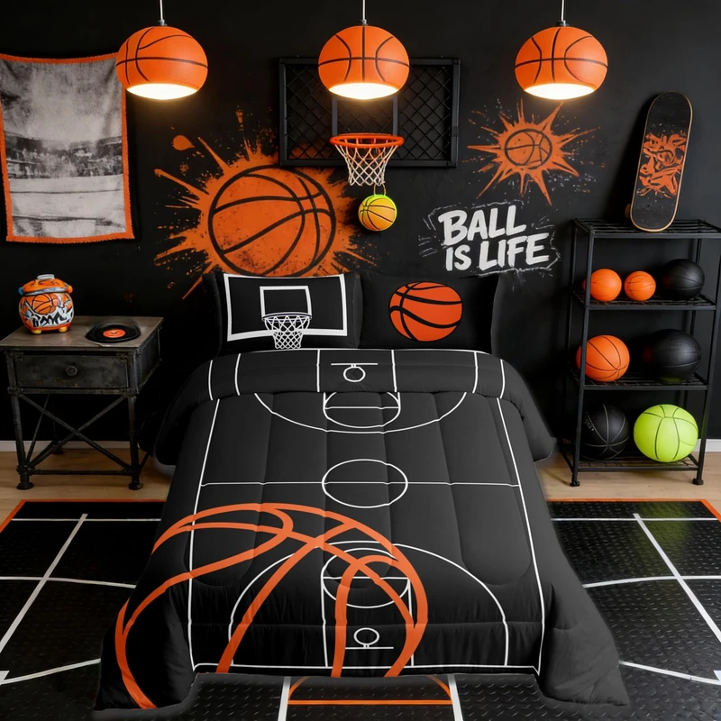 Basketball Court Print Bedding Set for Boys Girls,Ball Sports Games Themed All Season Cozy Comforter Set Full Size,Orange Basketball and Hoop Duvet Set Home Decor,Children Birthday Gift - Image 1