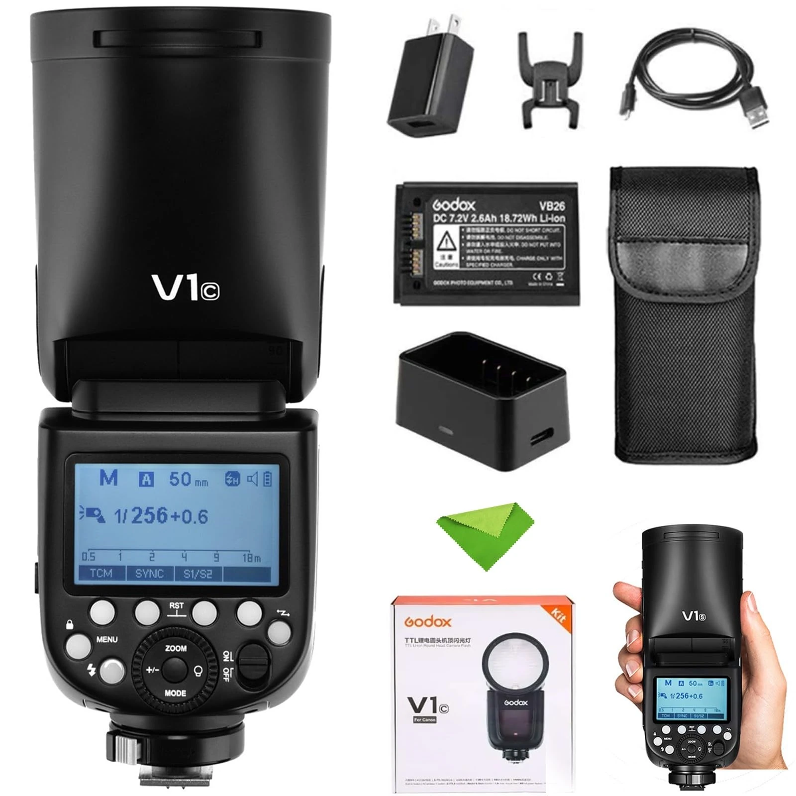 Godox V1 V1-C Flash for Canon Camera TTL Flash Speedlight 1/8000 HSS, 480 Full Power Flashes, 1.5s Recycle Time, 76Ws 2600mAh Li-ion Battery Round Head Flash Godox Flash Speedlite for Canon Cameras