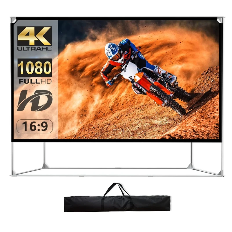 150" 16:9 HD 4K Projection Screen and Stand Large Portable Projection Screen with Carry Bag for Home Theater Backyard Cinema Travel Foldable Anti-Wrinkle Windproof