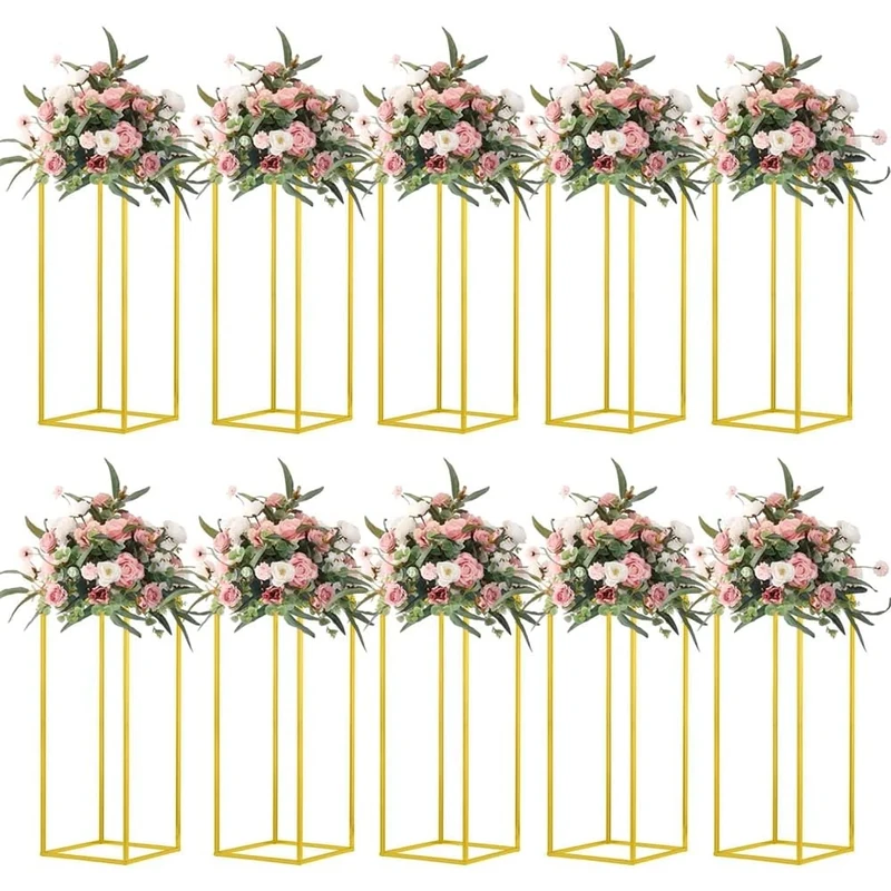 23.6'' 10 pcs Column Vases Gold Centerpieces for Table Metal Flower Stand Gold Wedding Centerpieces for Tables Floor Vase Home Party Wedding Decor Geometric Flower Rack…