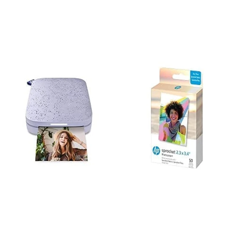 HP Sprocket Portable Photo Printer (Lilac) and Sprocket 2x3 ZINK Photo Paper, 50 Sheets