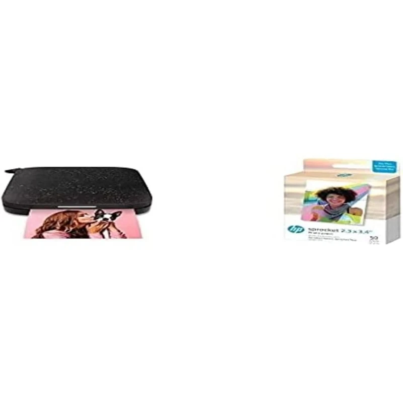 HP Sprocket Portable Photo Printer (Black) and Sprocket 2x3 ZINK Photo Paper, 50 Sheets