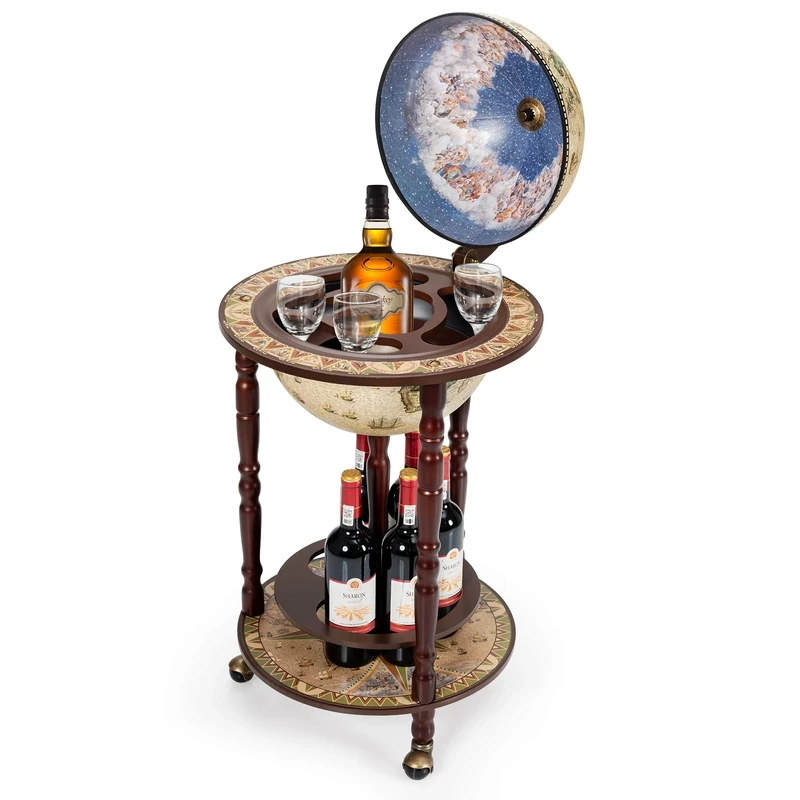 COSTWAY Wooden Globe Bar on Wheels, Bar Trolley, Home Bar, Wine Rack 45 x 45 x 88 cm, Beige