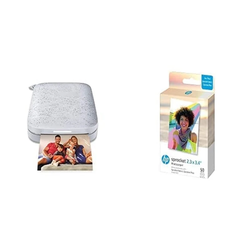 HP Sprocket Portable Photo Printer (Luna Pearl) and Sprocket 2x3 ZINK Photo Paper, 50 Sheets