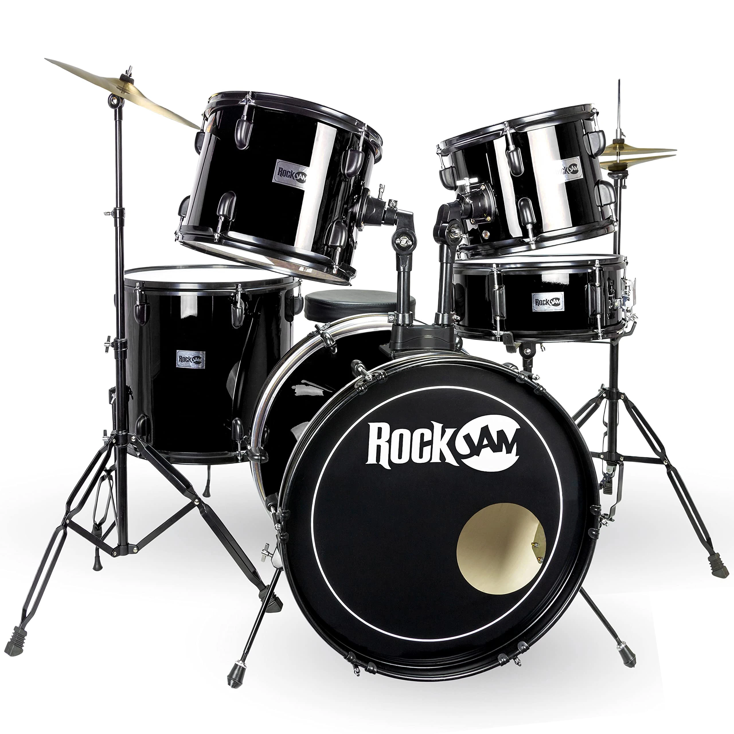 Rockjam Full Sized Drum Kit With Five Drums, Two Cymbals, Drum Throne And Drumsticks - Black, RJFSDK01-BK