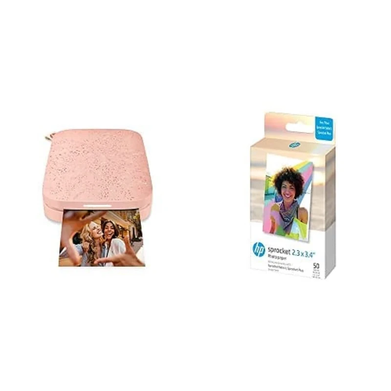 HP Sprocket Portable Photo Printer (Blush Pink) and Sprocket 2x3 ZINK Photo Paper, 50 Sheets