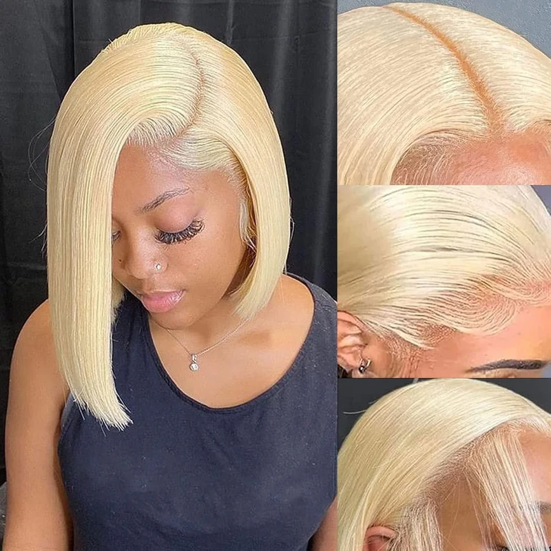 HUIWANYAN 613 Human Hair 13x4 Frontal Lace Wig for Black Women - Blonde Bob Wig, 180% Density, Glueless, Pre Plucked with Baby Hair