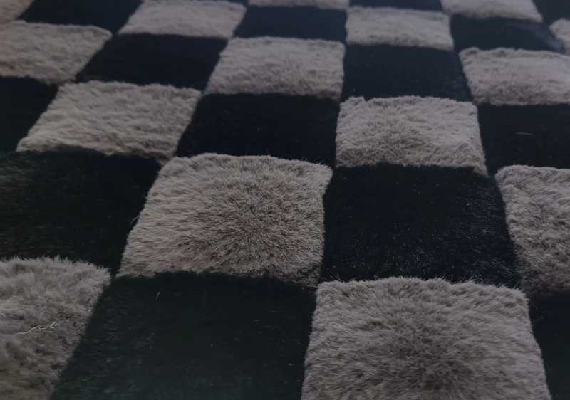 Super Luxury Faux Fur Fabric Material - Black Grey Squares, 1Mtr - 150cm x 100cm