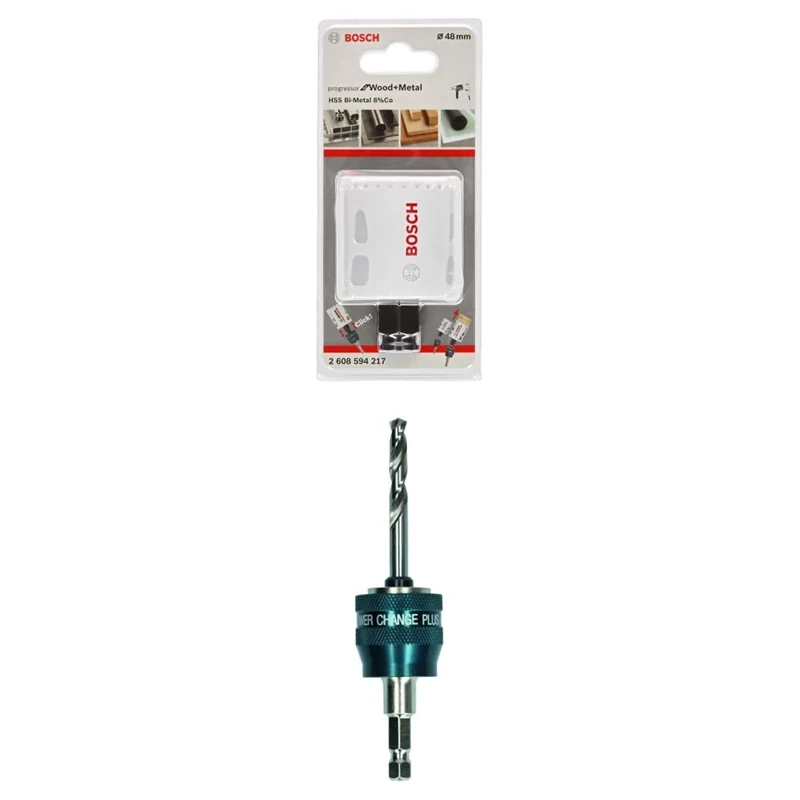 Bosch Professional Hole Saw Progressor for Wood & Metal (Ø 48 mm) + 1x Power Change Plus Adapter (Socket 3/8" hexagonal shank, HSS-G Drill Bit Ø 7.15 x 85 mm)
