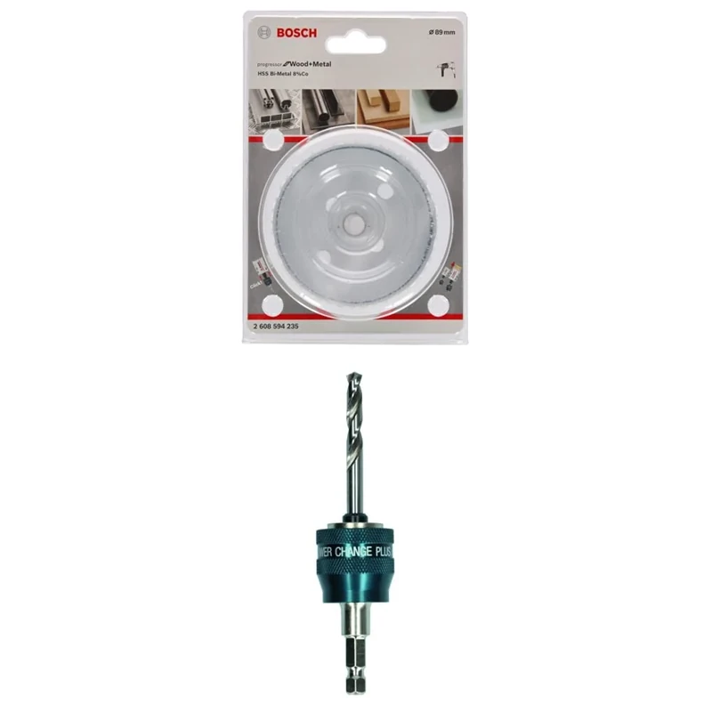 Bosch Professional Hole Saw Progressor for Wood & Metal (Ø 89 mm) + 1x Power Change Plus Adapter (Socket 3/8" hexagonal shank, HSS-G Drill Bit Ø 7.15 x 85 mm)