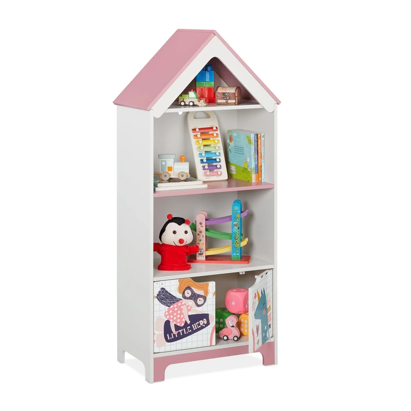 Relaxdays Children's Shelf with 4 Compartments, HWD: 116 x 51 x 30 cm, Cute Toy Storage with Supergirl motif, Colourful, Fibreboard