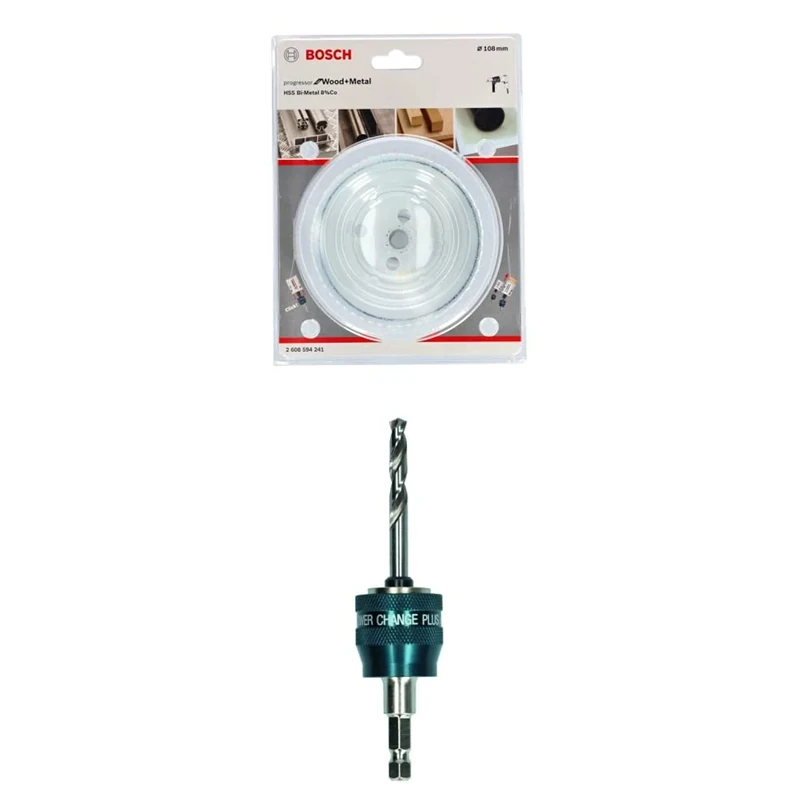 Bosch Professional Hole Saw Progressor for Wood & Metal (Ø 108 mm) + 1x Power Change Plus Adapter (Socket 3/8" hexagonal shank, HSS-G Drill Bit Ø 7.15 x 85 mm)