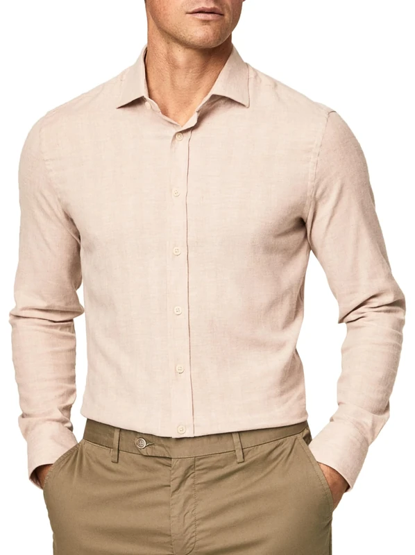 Hackett London Men's Soft Stretch Hbone Button Down Shirt, tan, XL
