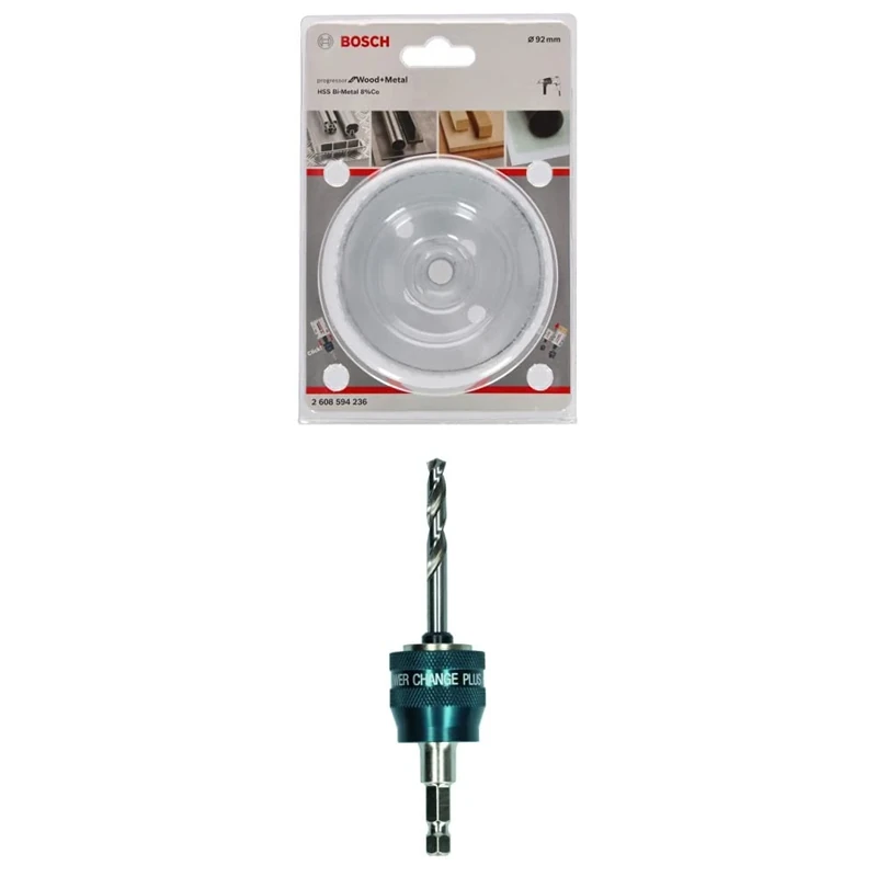 Bosch Professional Hole Saw Progressor for Wood & Metal (Ø 92 mm) + 1x Power Change Plus Adapter (Socket 3/8" hexagonal shank, HSS-G Drill Bit Ø 7.15 x 85 mm)