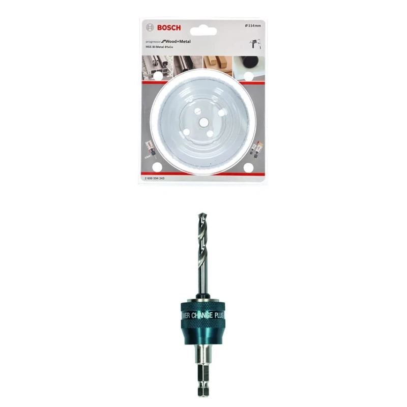 Bosch Professional Hole Saw Progressor for Wood & Metal (Ø 114 mm) + 1x Power Change Plus Adapter (Socket 3/8" hexagonal shank, HSS-G Drill Bit Ø 7.15 x 85 mm)