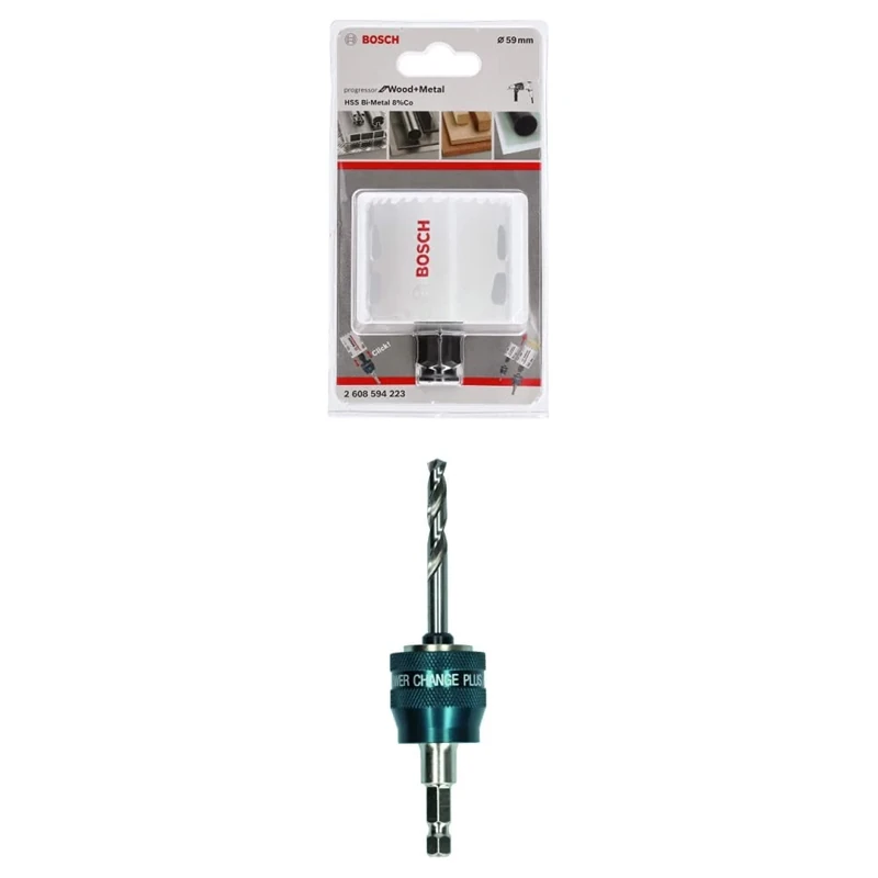 Bosch Professional Hole Saw Progressor for Wood & Metal (Ø 59 mm) + 1x Power Change Plus Adapter (Socket 3/8" hexagonal shank, HSS-G Drill Bit Ø 7.15 x 85 mm)