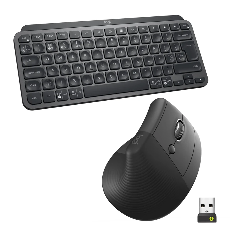 Logitech MX Keys Mini Keyboard and Lift Vertical Ergonomic Mouse Combo - Wireless, Backlit Keys, Bluetooth or Logi Bolt USB receiver, Quiet, Windows/macOS/iPadOS, Laptop, PC, QWERTY UK - Grey