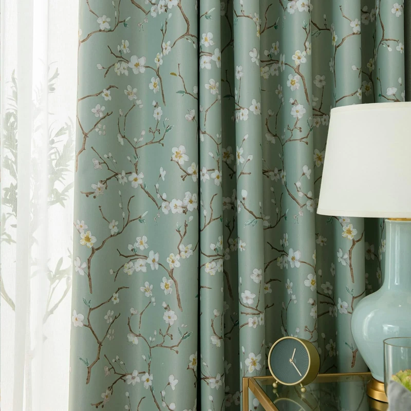 SUOUO Green Vintage Floral Blackout Curtains for Bedroom Print White Blossom Flower Room Darkening Thermal Insulated Window Drapes for Living Room 84 inches Long 2 Panels