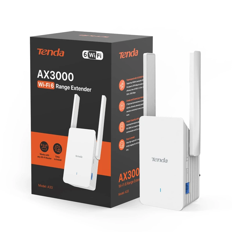 Tenda WiFi 6 AX3000Mbps WiFi Extender Booster, Dual Band WiFi Repeater/Booster, Gigabit Ethernet Port, Access Point, App Control, Easy Setup, UK Plug(A33)