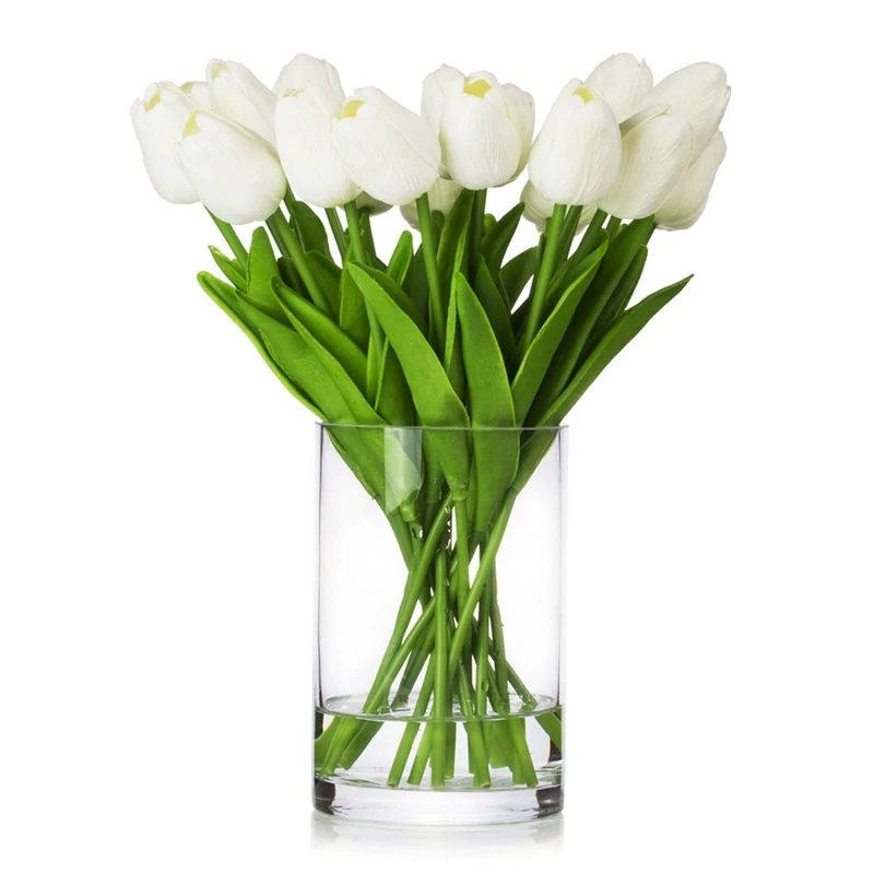 ENOVA FLORAL 20 Heads White Tulips Real Touch Artificial Flowers in Vase, Fake Tulips Flowers with Vase and Faux Water for Dining Table Decoration, Home Wedding (White)