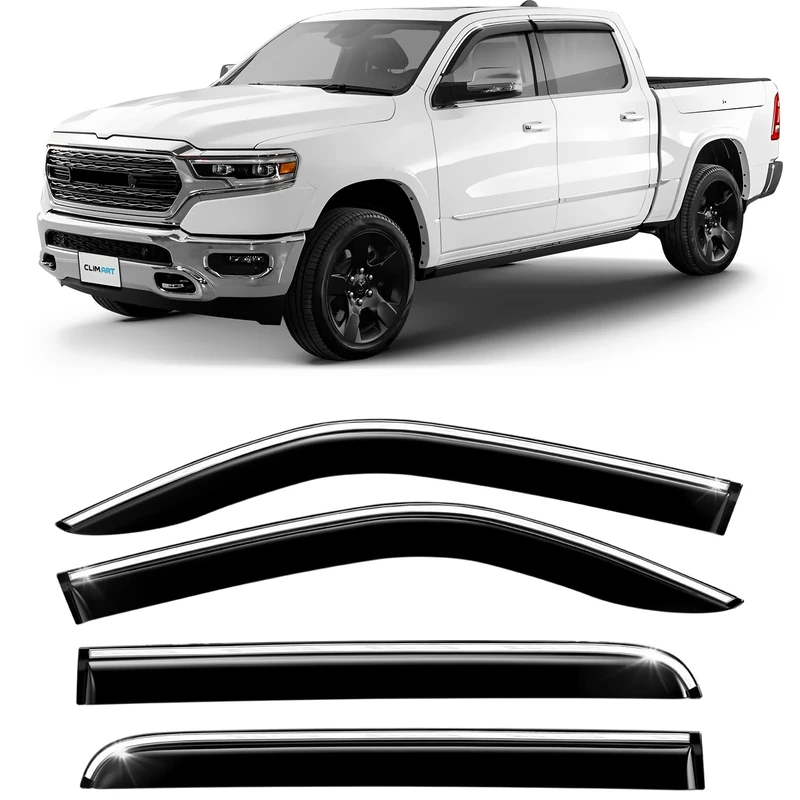 CLIM ART Chrome Trim Incredibly Durable Rain Guards for Dodge Ram 1500 2019-2024 Crew Cab, Original Tape-on Window Deflectors, Vent Deflector, Window Visors, Car Accessories, 4pcs. - 419164