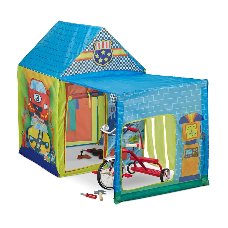 Relaxdays Children's Play Tent, Car Workshop Design, Two Buildings, Indoor & Outdoor, HWD: 109x146x75 cm, Multicoloured
