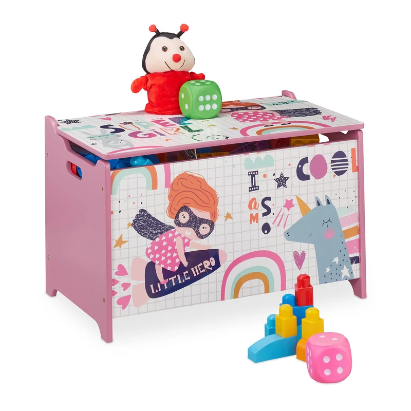 Relaxdays Toy Chest, Little Hero Motif, Storage Box, HWD 39 x 60 x 36.5 cm, Children's Container, Sturdy MDF, White/pink, 100% fibreboard