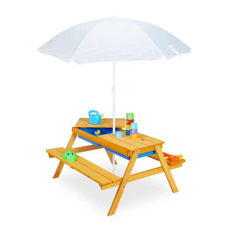 Relaxdays Children's Outdoor Furniture, Garden Picnic Table with Parasol & Benches, Sand & Water Play, 165x128cm, Brown