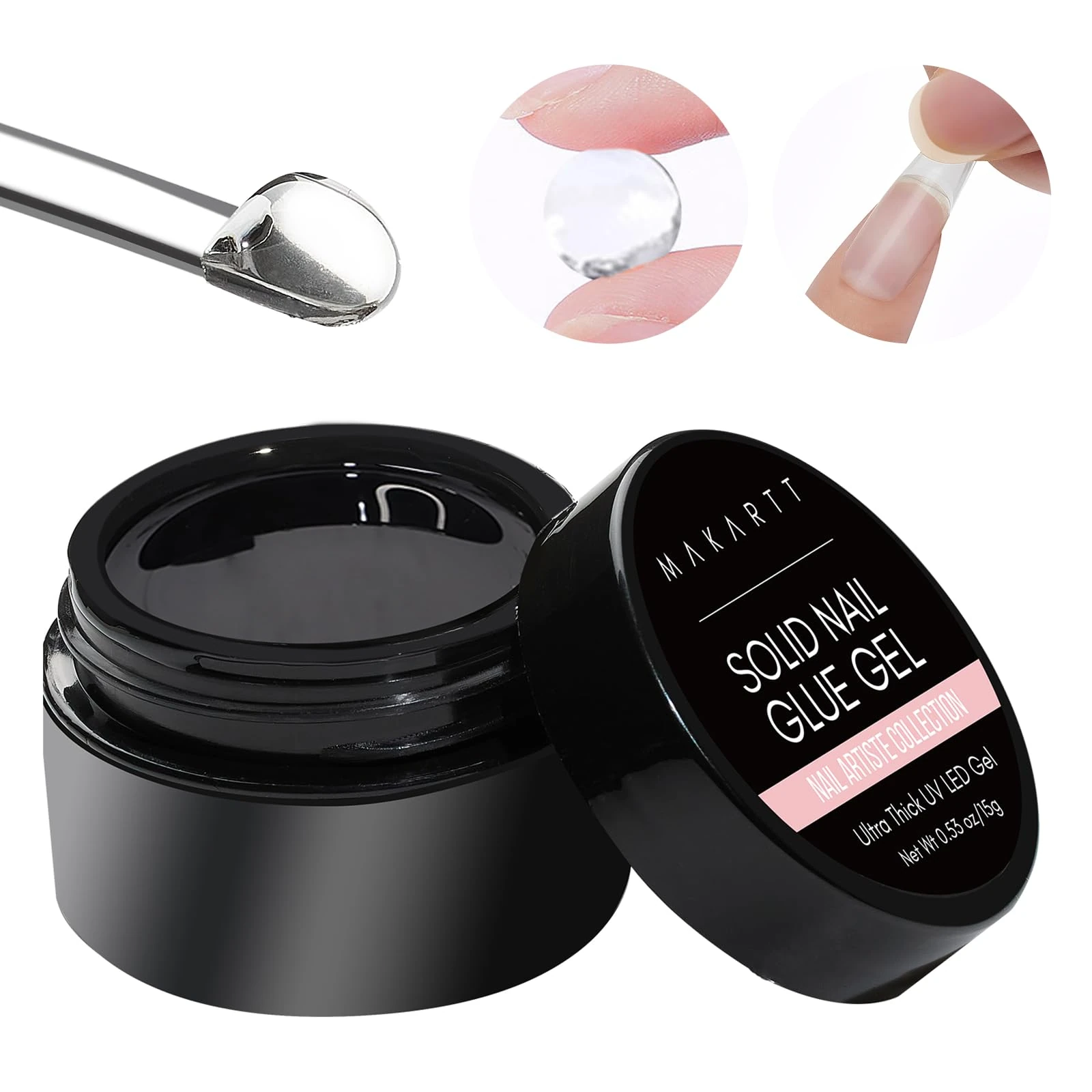 Makartt Solid Nail Glue Gel - Ultra Strong Adhesive 3 in 1 for 3D Nail Gel, Press On Nails, Non-Stick Hands Hard for Acrylic Nails, Curing Needed 15g Clear