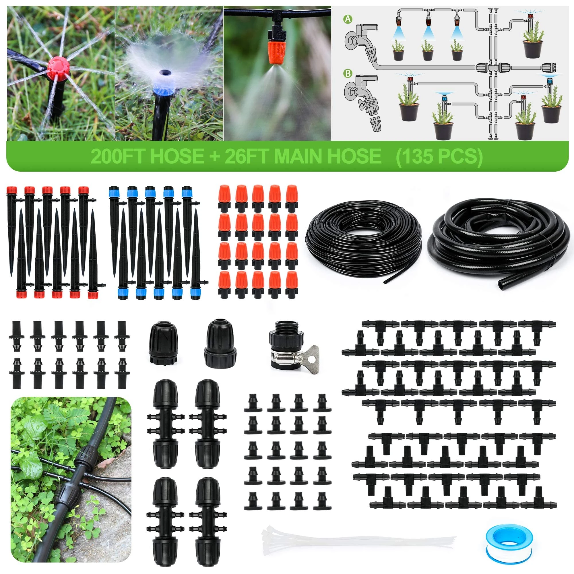 MIXC 226 FT Drip Irrigation System Kit, Automatic Watering System for Garden Greenhouse with 1/4" & 1/2" Tubing - Adjustable Nozzles & Sprinklers for Garden, Greenhouse, Lawn, Potted Plants